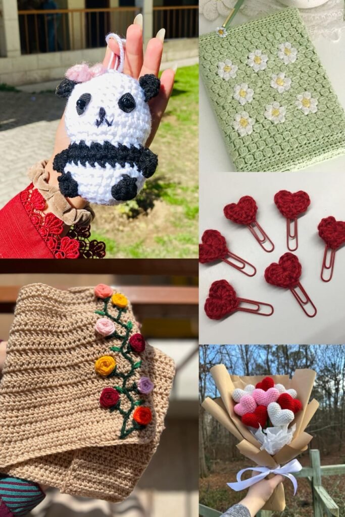 alt="Handmade floral crochet gifts on display"